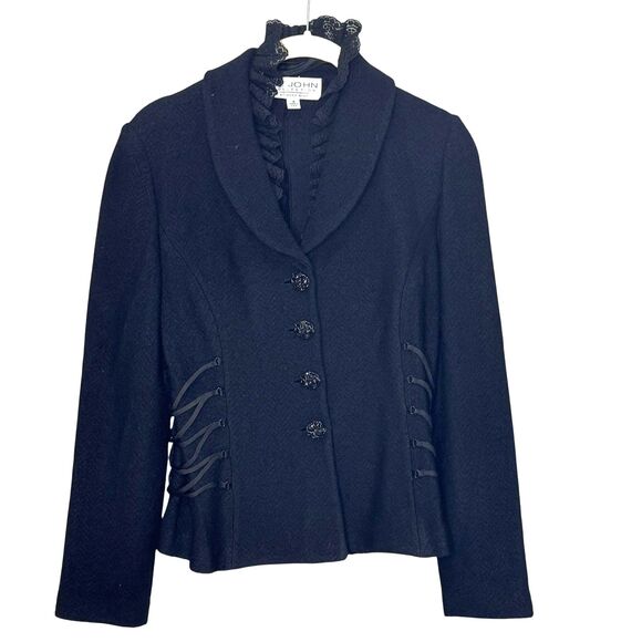St John Collection Blazer Womens 4 Black Lace Ruffle Collar Corset Trim Made USA - Picture 1 of 8